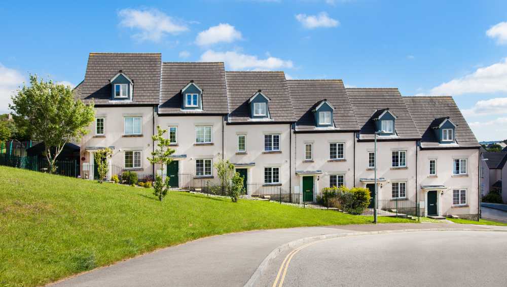 A row of houses with a few planted trees in front of them