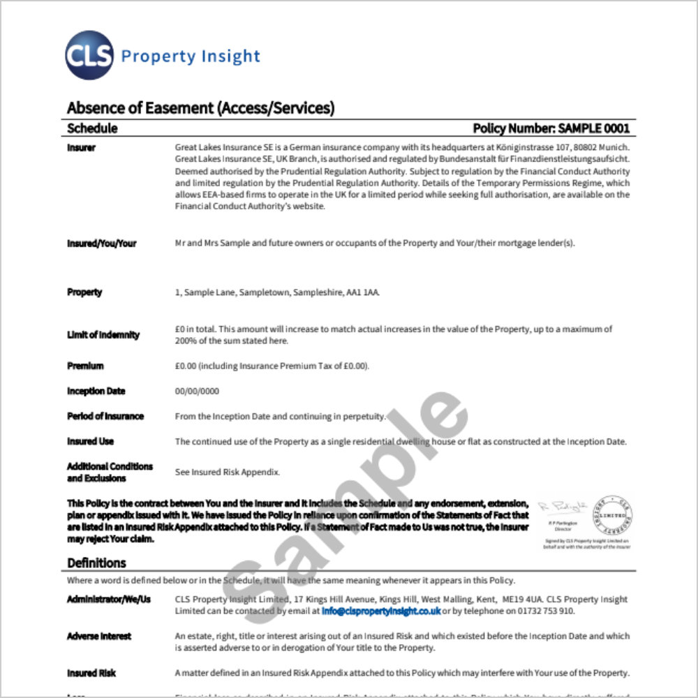 Absence of Easement Insurance Sample
