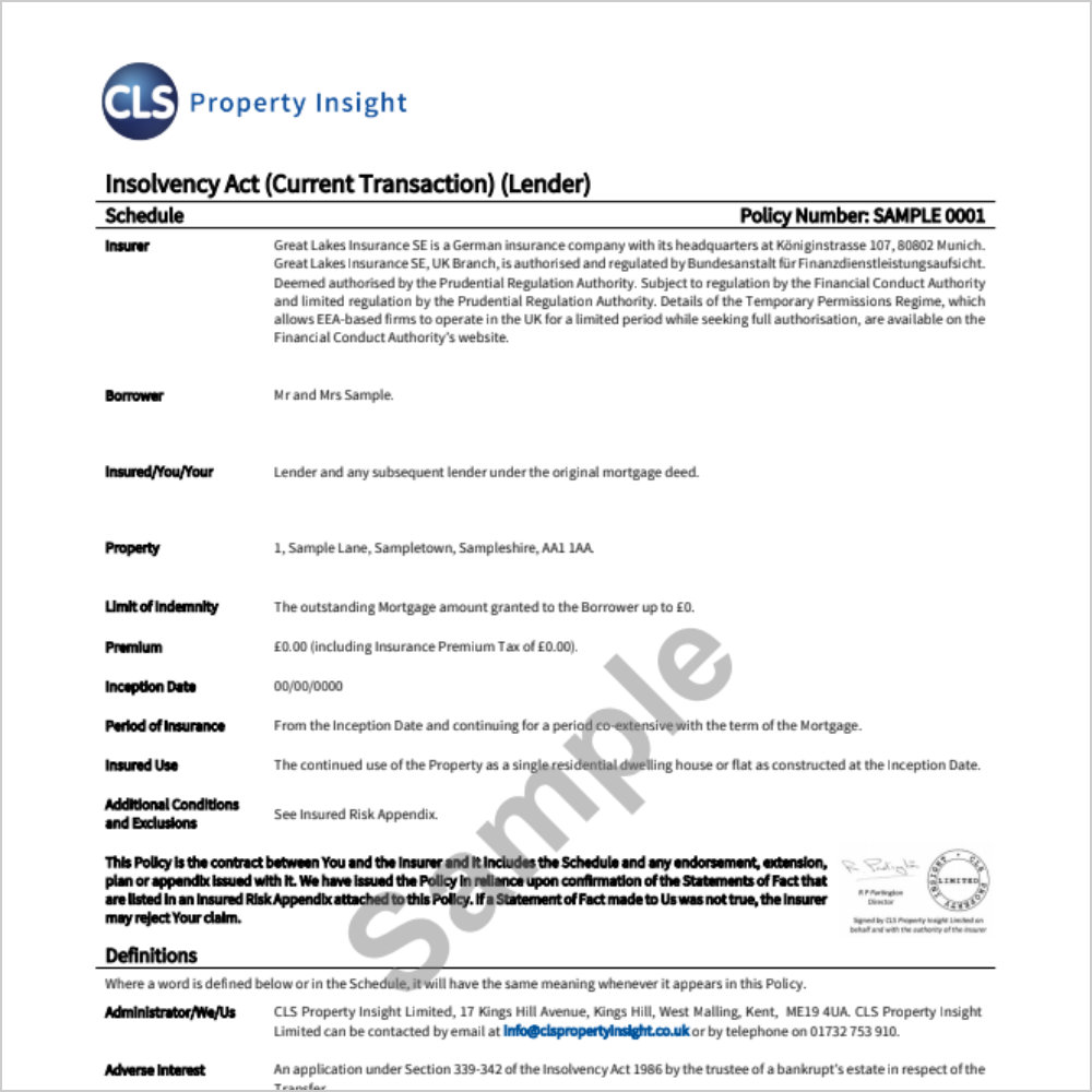 Insolvency Act Insurance Sample