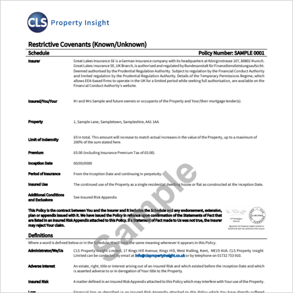 Restrictive Covenant Insurance Sample